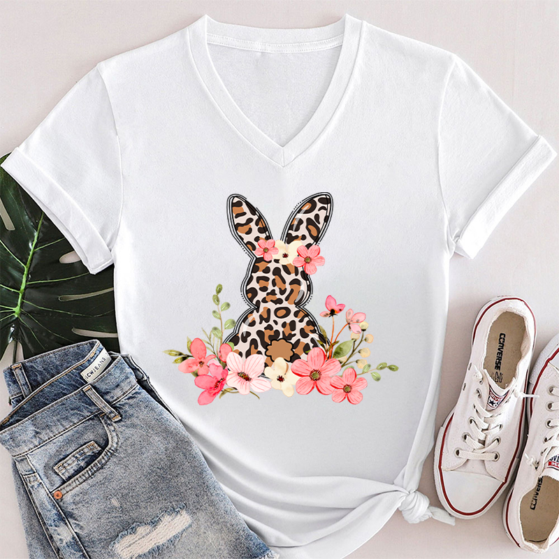 Leopard Floral Bunny Teacher Teacher Female V-Neck T-Shirt