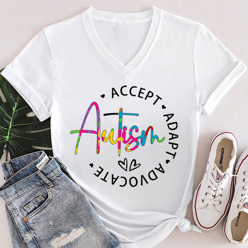 Autism Accept Adapt Advocate Teacher Female V-Neck T-Shirt