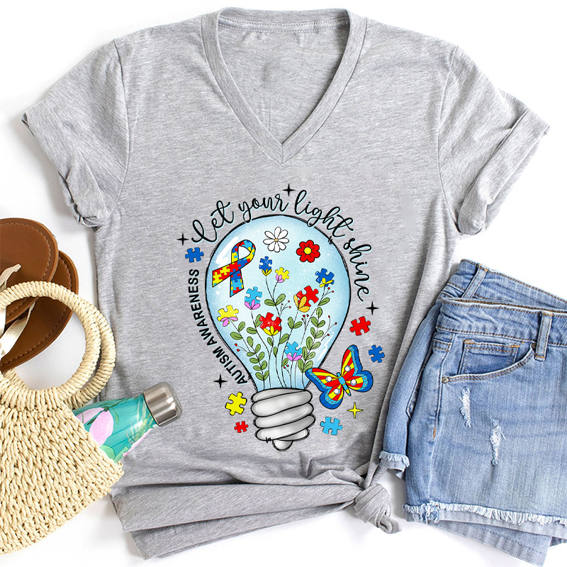 Let Your Light Shine Autism Awareness Teacher Female V-Neck T-Shirt