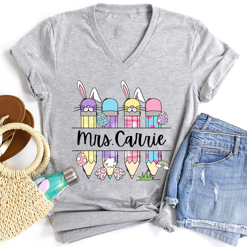 Personalized Easter Name Teacher Teacher Female V-Neck T-Shirt