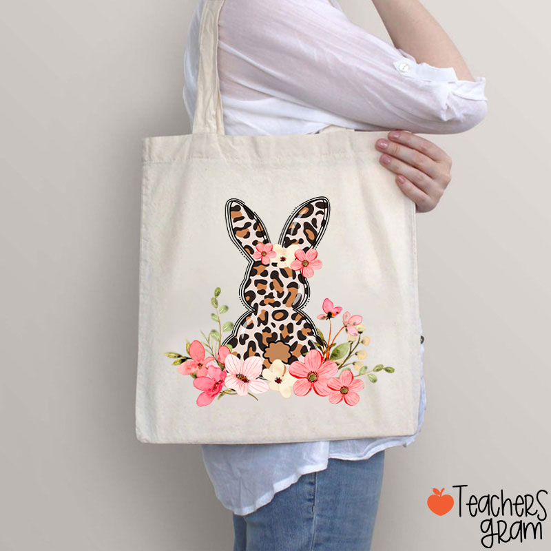 Leopard Floral Bunny Teacher Tote Bag