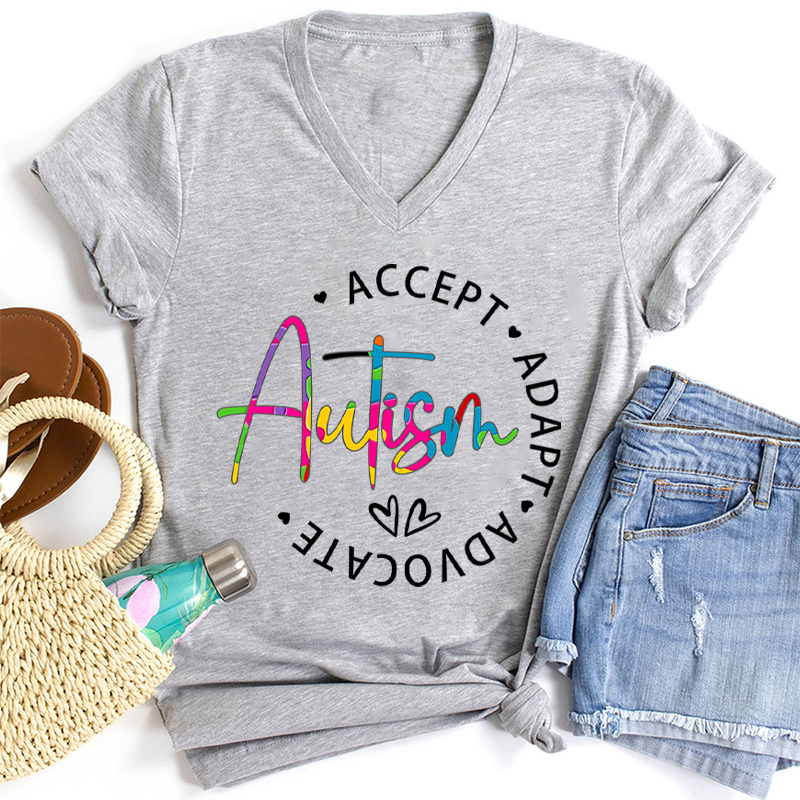 Autism Accept Adapt Advocate Teacher Female V-Neck T-Shirt