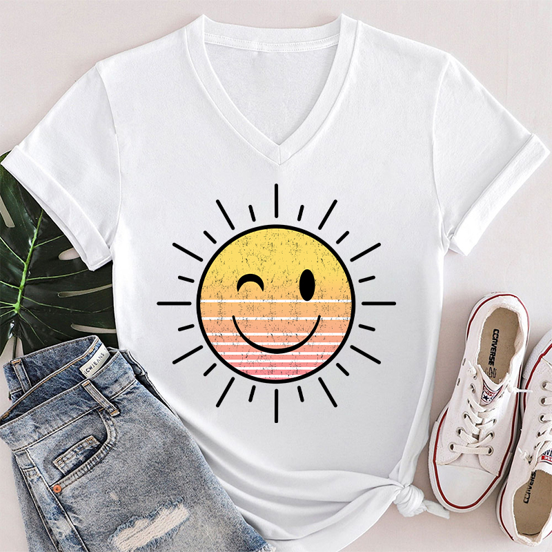 Sunshine Smiley Face Teacher Female V-Neck T-Shirt