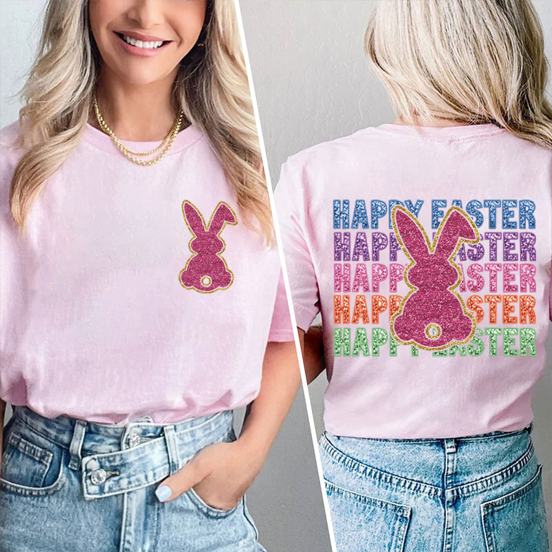 Glitter Cute Bunny Happy Easter Teacher Two Sided T-Shirt