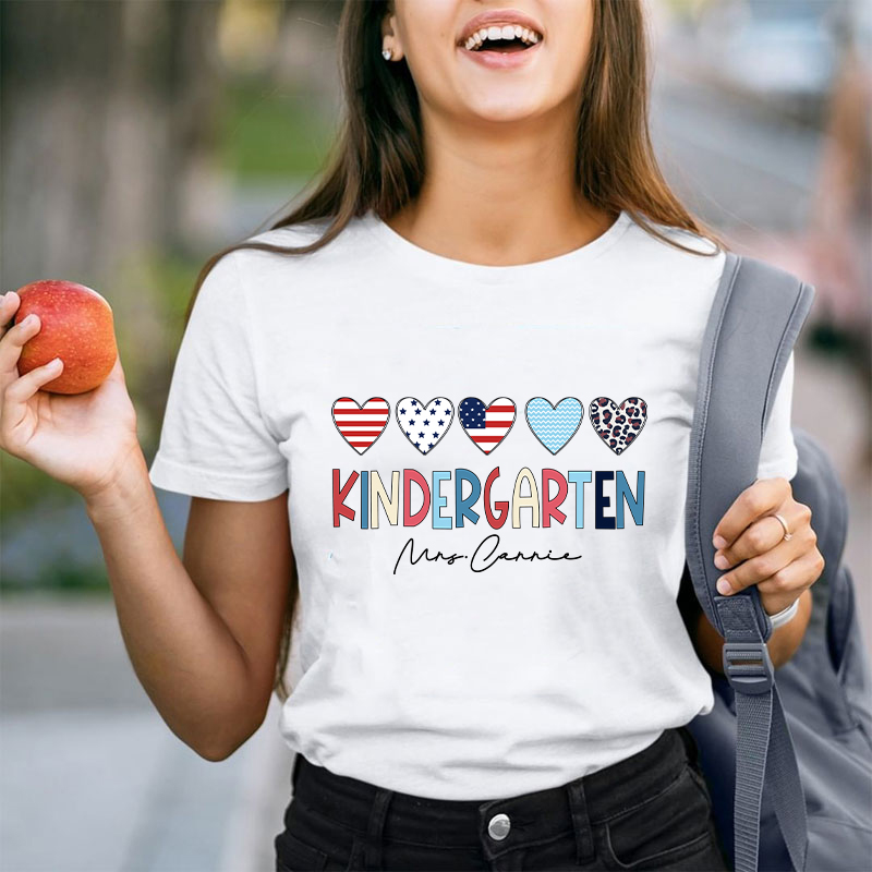 Personalized American Flag Hearts Teacher T-Shirt