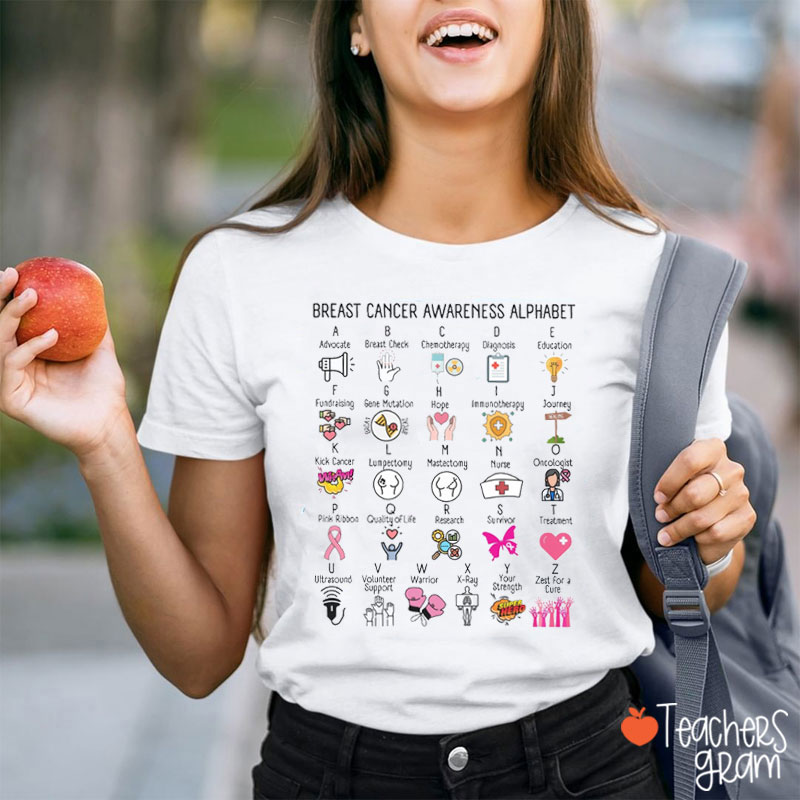 Breast Cancer Awareness Alphabet Teacher T-Shirt
