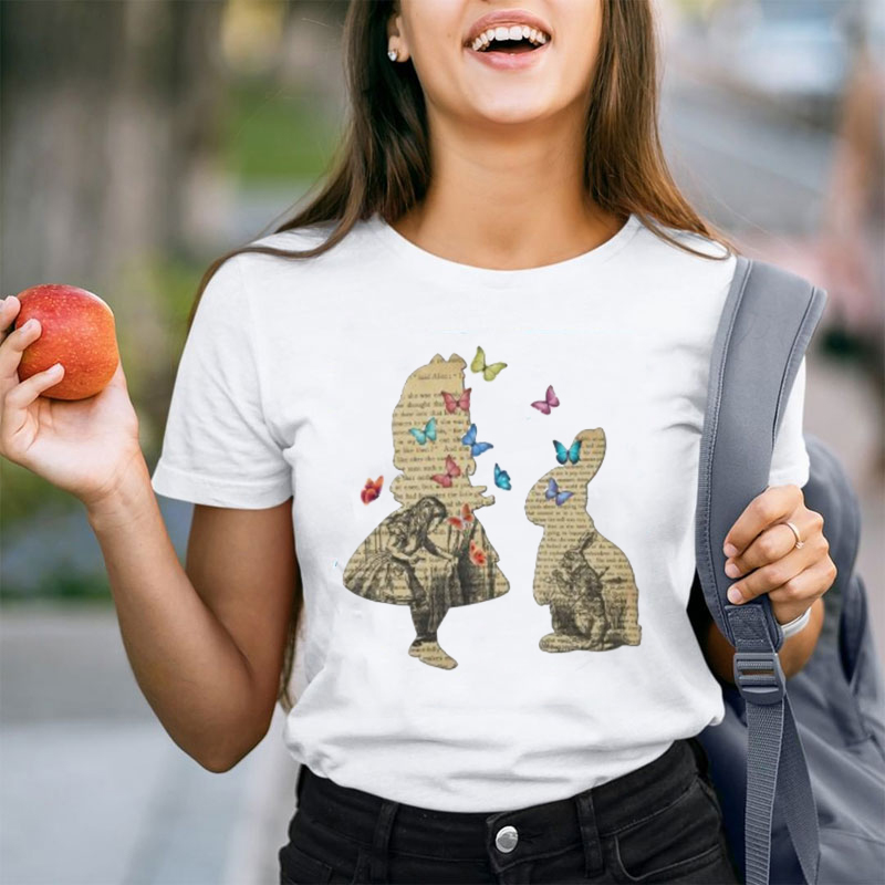 Retro Style Wonderland Butterfly And Bunny Teacher T-Shirt