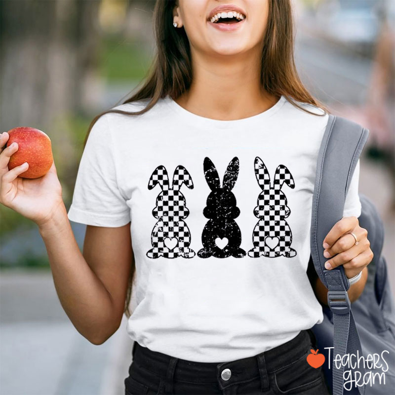 Three Bunnies Celebrating Easter Teacher T-Shirt