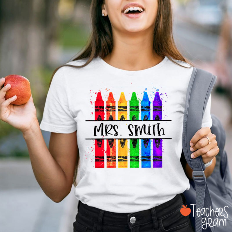Personalized Splash Colored Crayons Name Teacher T-Shirt