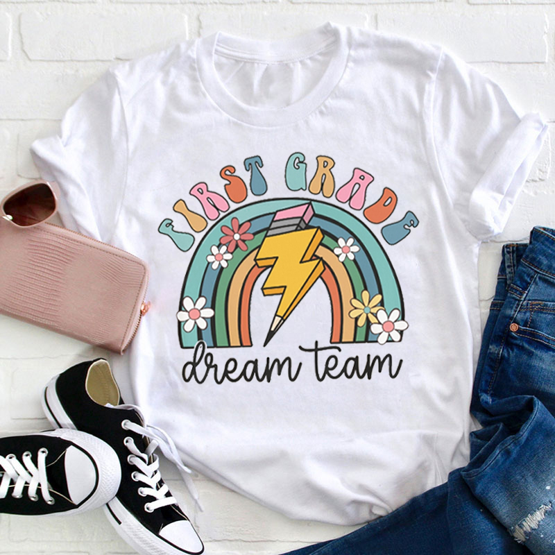 Personalized Colorful Rainbow Lightning Pencils Teacher T-Shirt