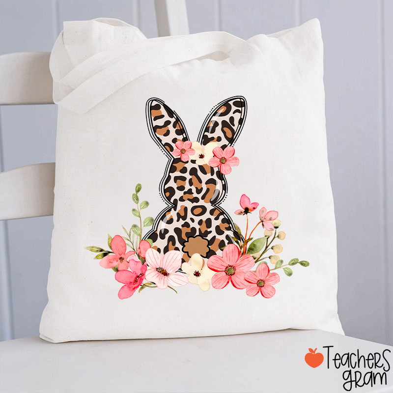 Leopard Floral Bunny Teacher Tote Bag