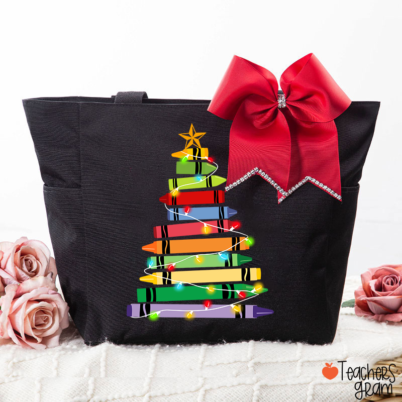 Crayons Tree Colored Lights Teacher Large Tote Bag (free for the bowknot)