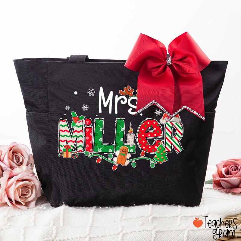 Personalized Teacher Name Christmas Teacher Large Tote Bag (free for the bowknot)