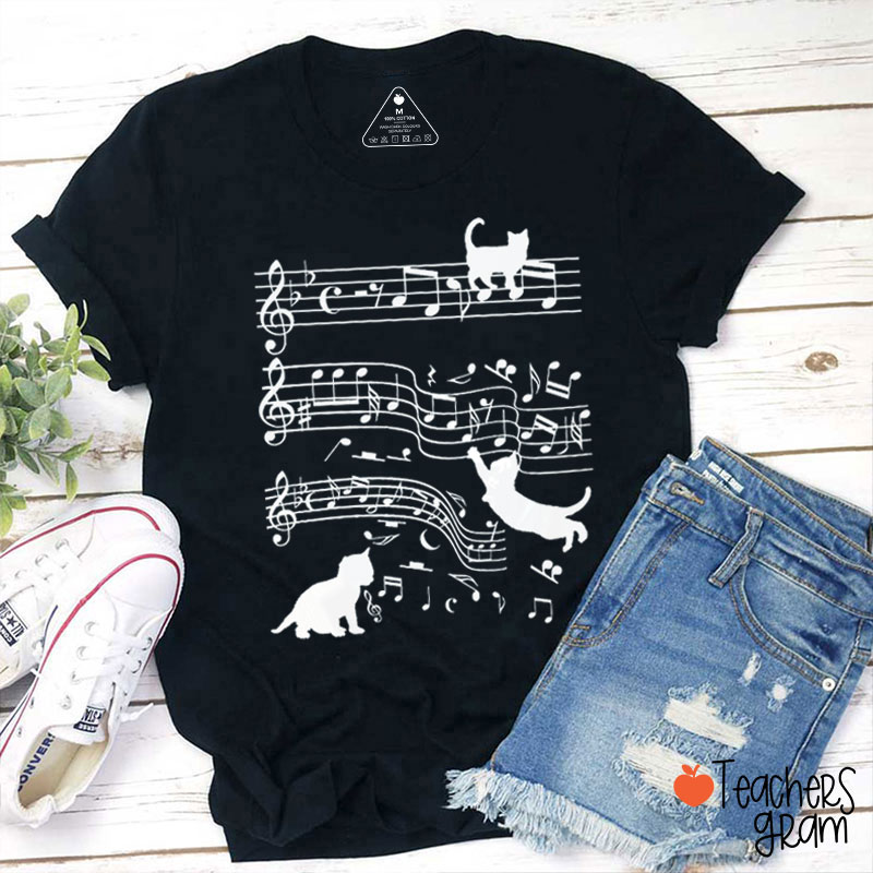 Cute Cats Playing Music Notes Teacher T-Shirt