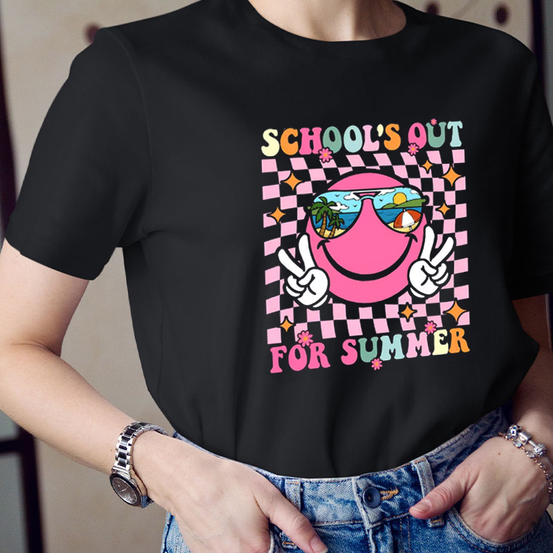 Pink Checkerboard School's Out For Summer Teacher T-Shirt