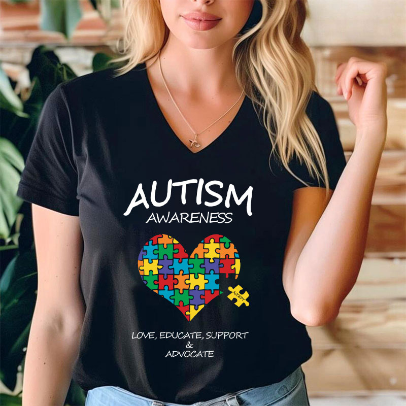 Love Educate Support Autism Awareness Teacher Female V-Neck T-Shirt