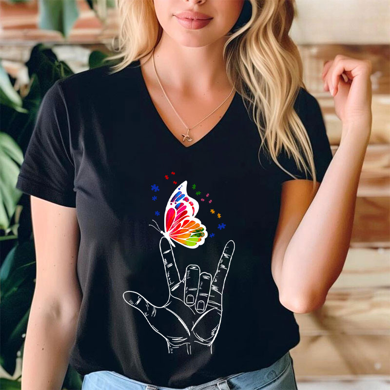 Love Sign Language Autism Butterfly Teacher Female V-Neck T-Shirt