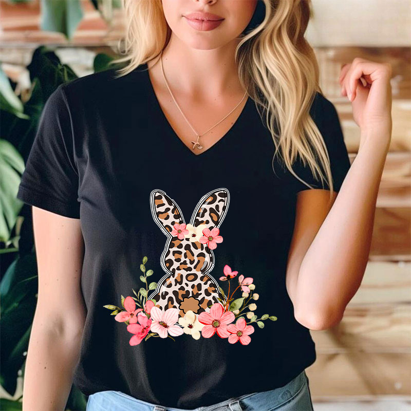Leopard Floral Bunny Teacher Teacher Female V-Neck T-Shirt