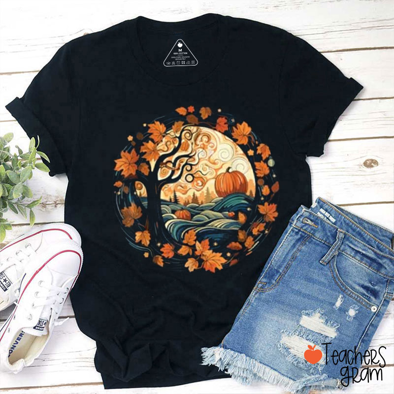 Cottagecore Pumpkins Leaves Trees Fall Vibe Teacher T-Shirt