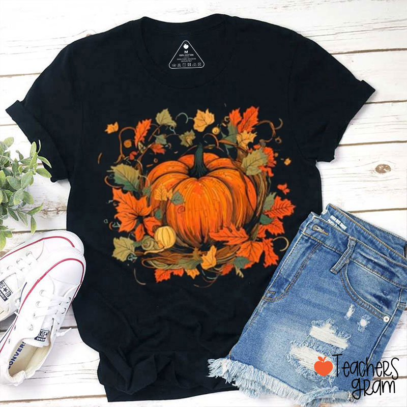 Pumpkins And Leaves Fall Vibes Teacher T-Shirt