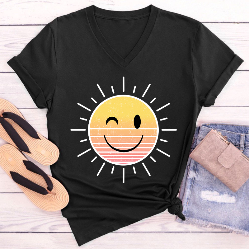 Sunshine Smiley Face Teacher Female V-Neck T-Shirt