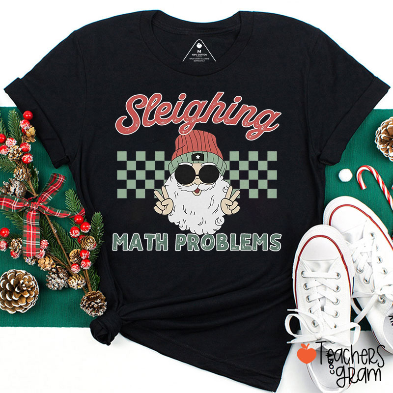 Sleighing Math Problems Retro Santa Christmas Teacher T-Shirt
