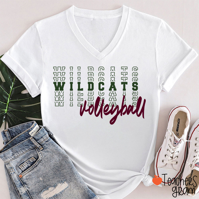 Personalized Mascot Text Stacking Teacher Female V-Neck T-Shirt