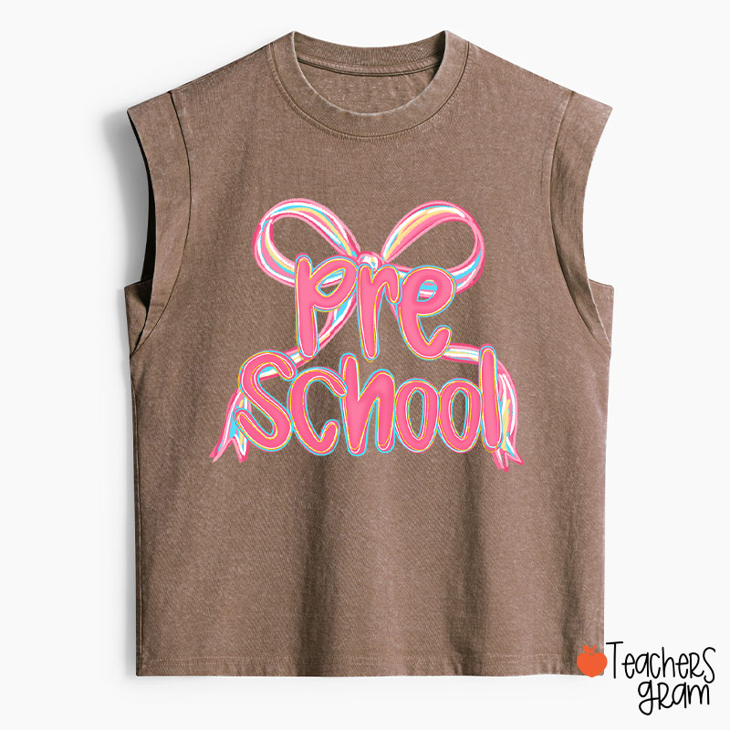 Personalized Grade Pink Bow Teacher Washed Tank Top