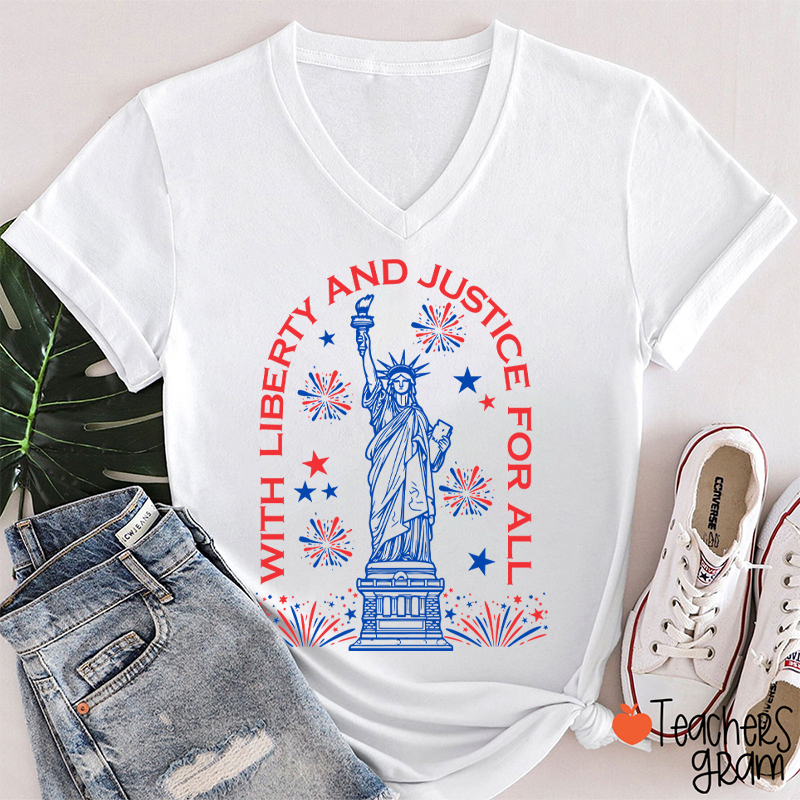 With Liberty And Justice For All Teacher Female V-Neck T-Shirt