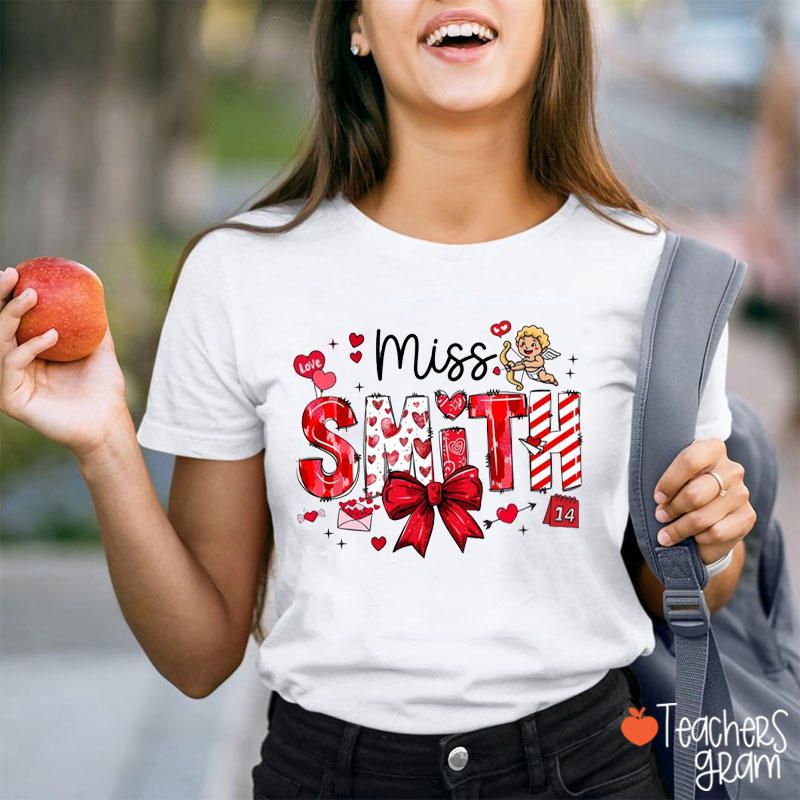Personalized Coquette Bow Cupid Teacher T-Shirt