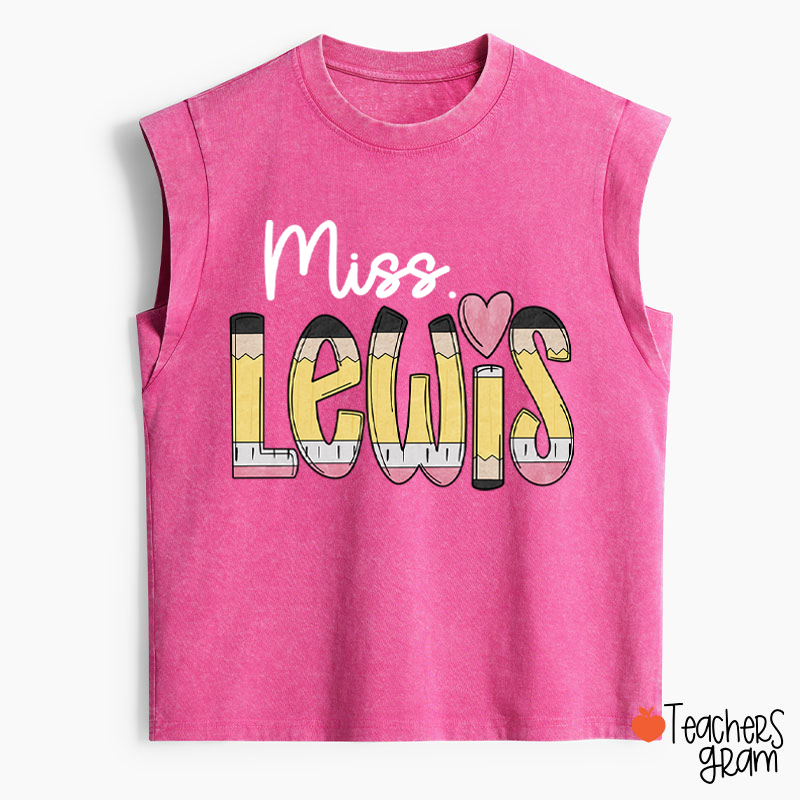 Personalized Pencil Name Teacher Washed Tank Top