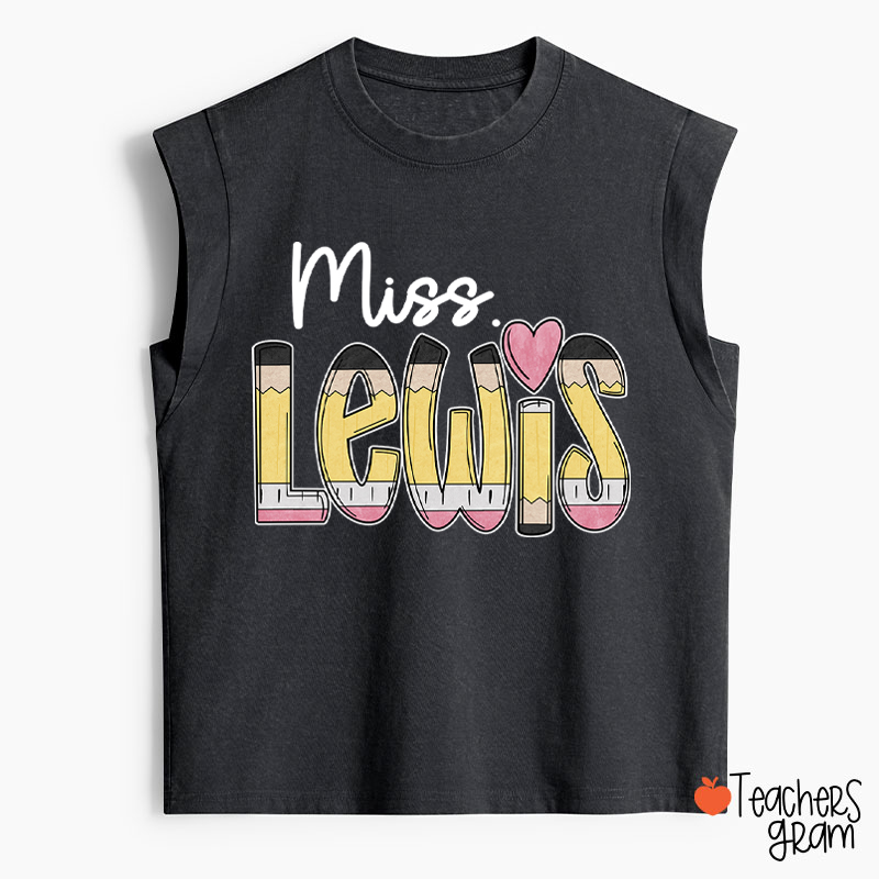 Personalized Pencil Name Teacher Washed Tank Top
