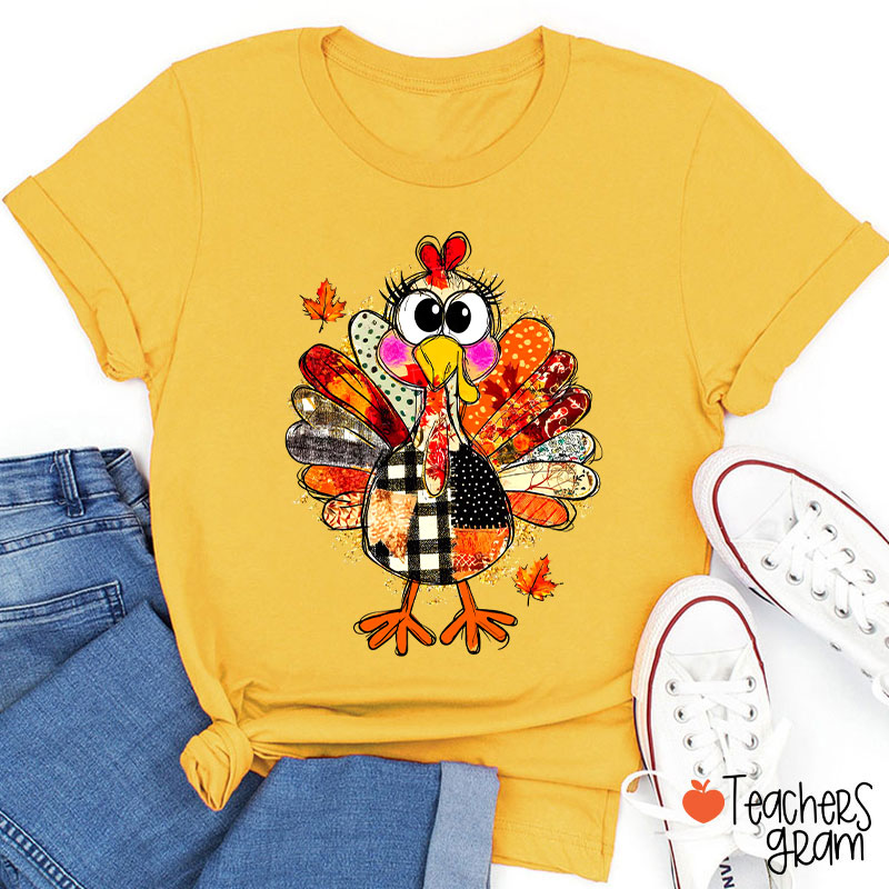 Collage Of Flowers And Thanksgiving Turkey Teacher T-Shirt