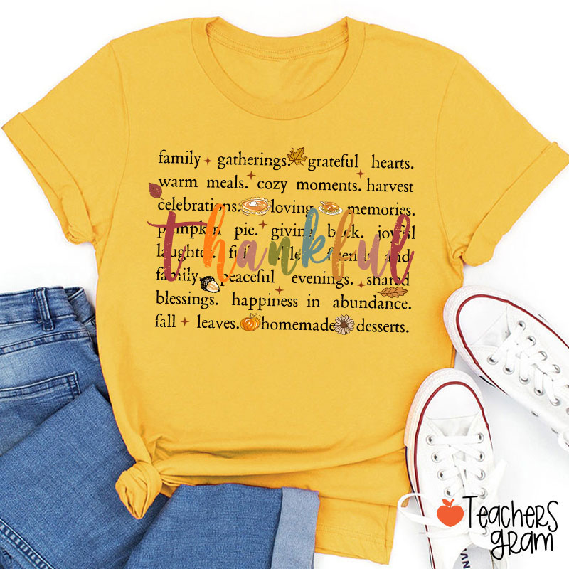 Fall Leaves Cozy And Happiness In Thanksgiving Teacher T-Shirt