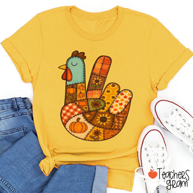 Retro Patchwork Turkey Teacher T-Shirt