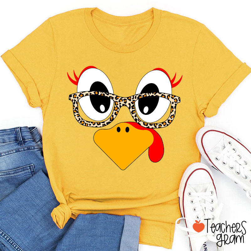 Turkey With Leopard Print Glasses Teacher T-Shirt