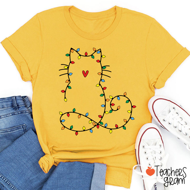Cute Cat Christmas Lights Teacher T-Shirt
