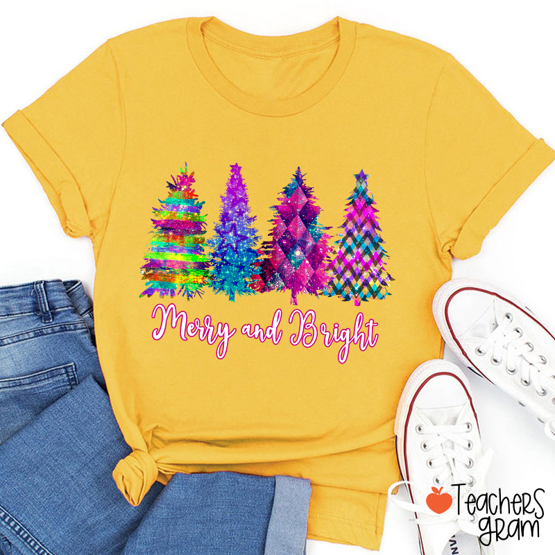 Merry And Bright Colorful Christmas Tree Teacher T-Shirt