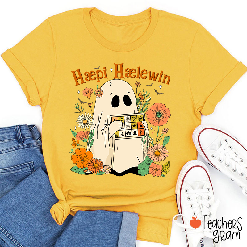 Happy Halloween Ghost With Floral Teacher T-Shirt