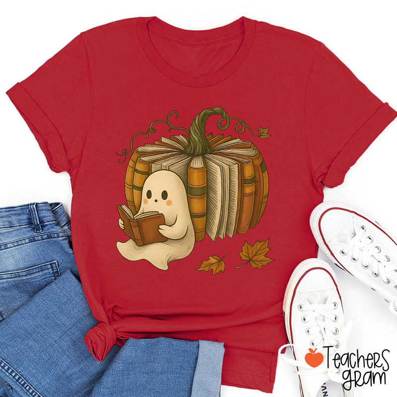 Ghost Reading Book Pumpkin Teacher T-Shirt