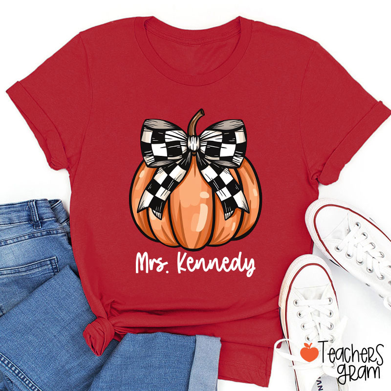 Personalized Name Pumpkin Bow Teacher T-Shirt