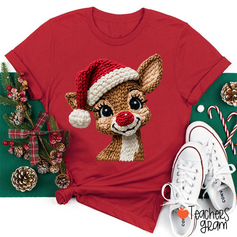 Faux Yarn Christmas Reindeer Teacher T-shirt