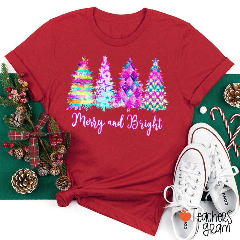 Merry And Bright Colorful Christmas Tree Teacher T-Shirt