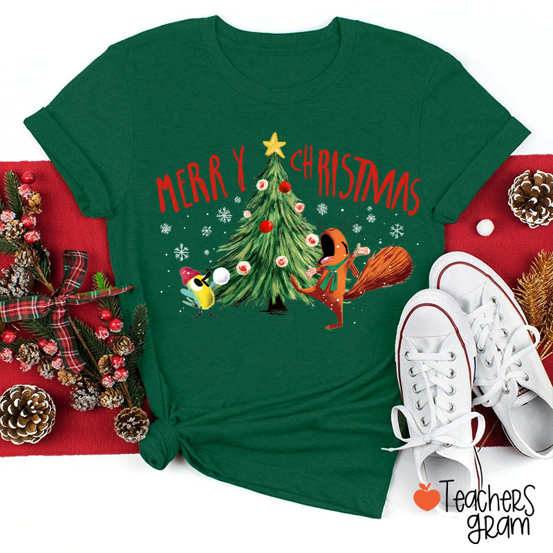 Playing Around Christmas Tree Merry Christmas Teacher T-Shirt