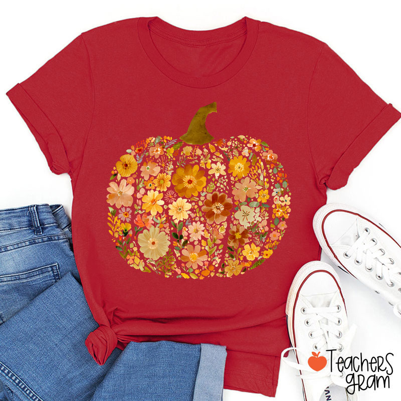 Pumpkin Orange Flowers Grass Teacher T-Shirt