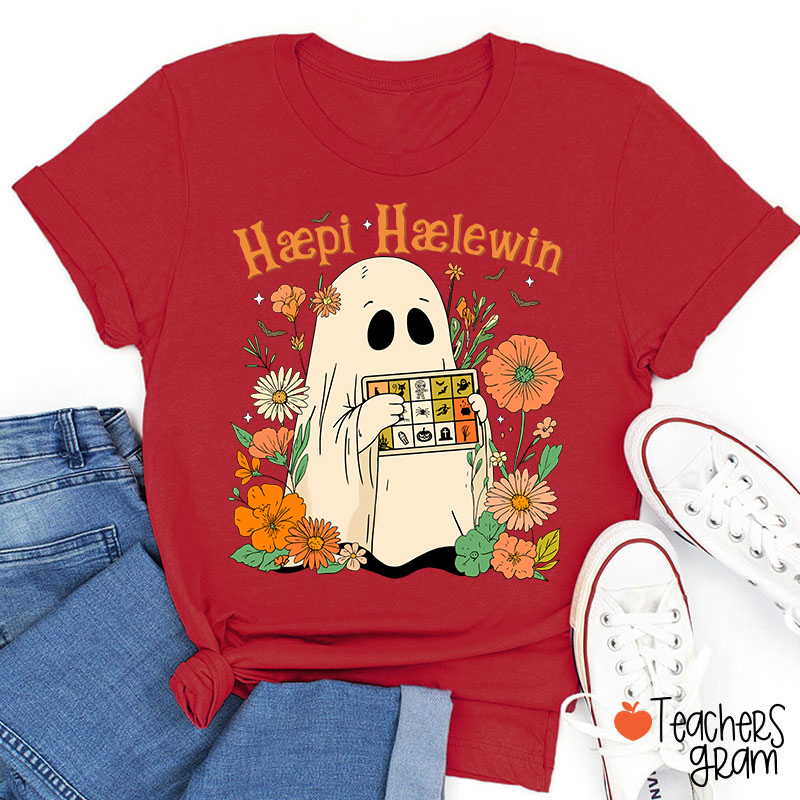 Happy Halloween Ghost With Floral Teacher T-Shirt