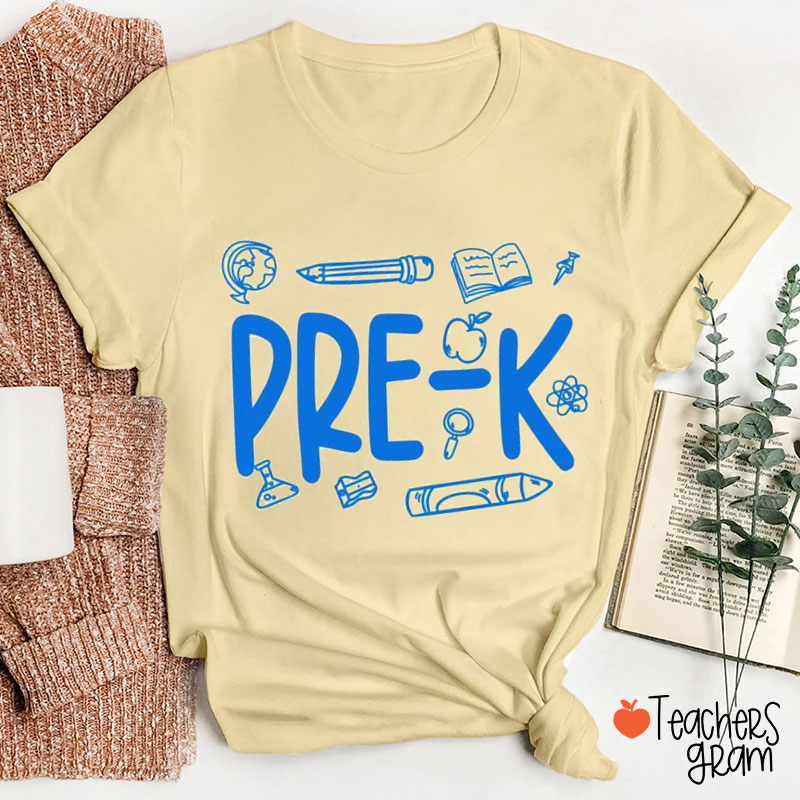 Personalized Grade Pencil Book Icons Teacher T-Shirt