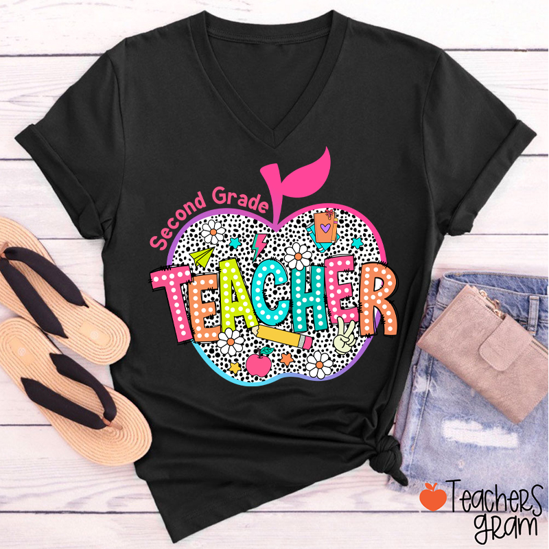 Personalized Neon Leopard Apple Grade Teacher Female V-Neck T-Shirt