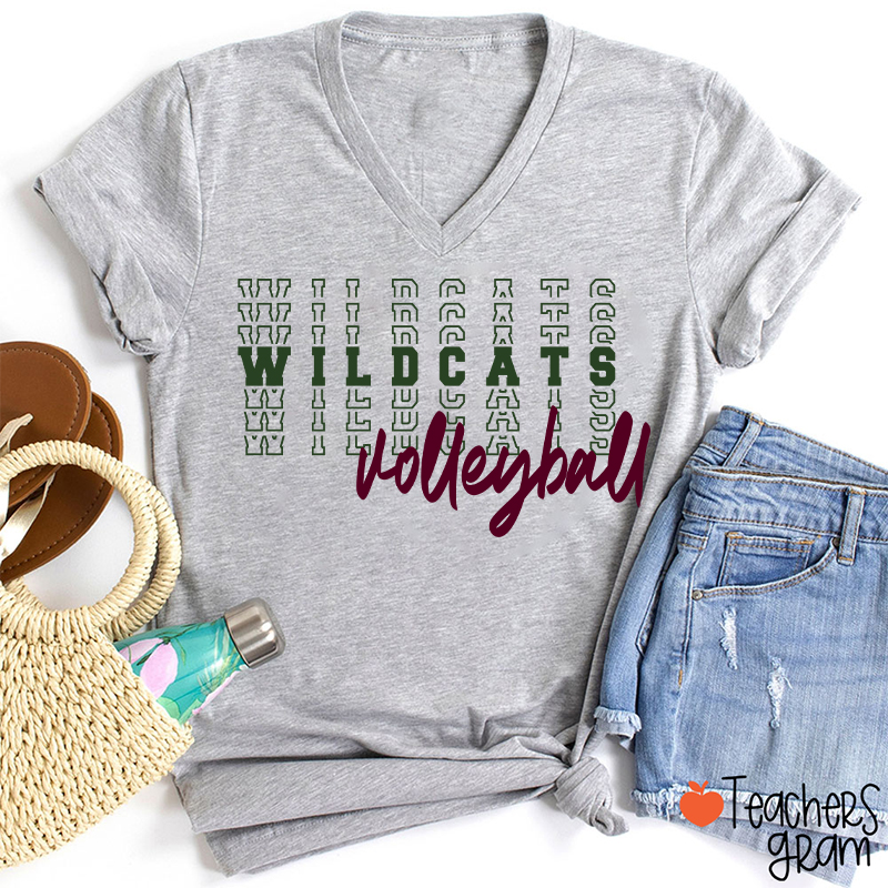 Personalized Mascot Text Stacking Teacher Female V-Neck T-Shirt