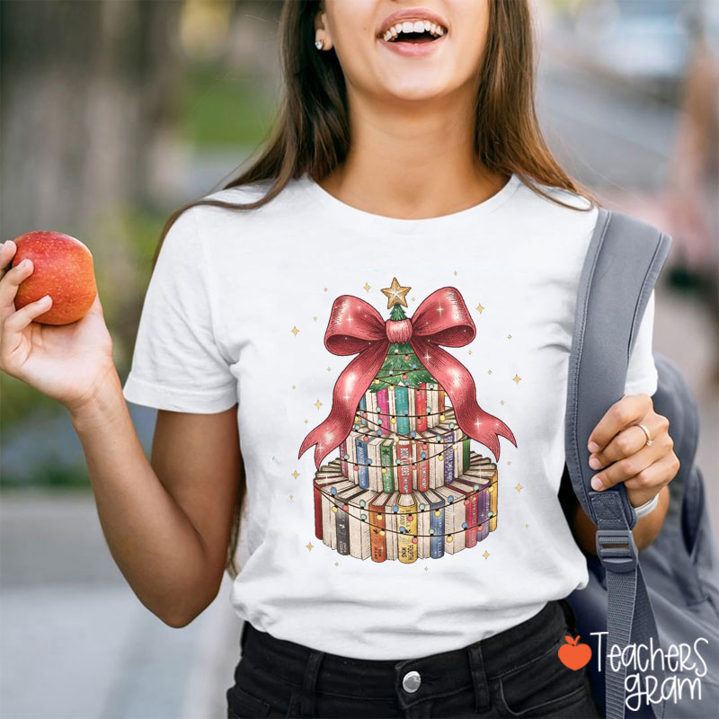 Christmas Book Tree Red Bow Teacher T-Shirt
